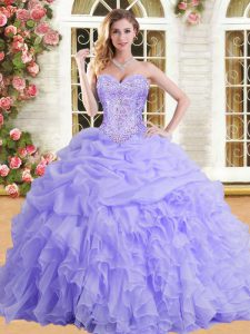 Popular Lavender Ball Gowns Organza Sweetheart Sleeveless Beading and Appliques and Ruffles Floor Length Lace Up Quincea
