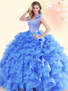 Popular High-neck Sleeveless Organza Ball Gown Prom Dress Beading and Ruffles Backless
