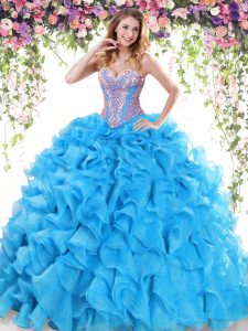 Latest Sleeveless Organza Sweep Train Lace Up 15th Birthday Dress in Baby Blue with Beading and Ruffles