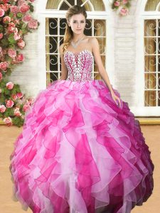 Beauteous Pink And White Ball Gowns Organza Sweetheart Sleeveless Beading and Ruffles Floor Length Lace Up Quince Ball G