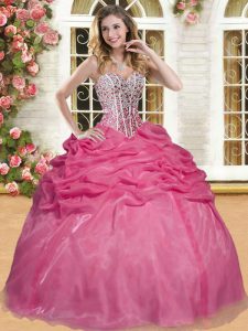 Colorful Coral Red Sleeveless Beading and Pick Ups Floor Length Quince Ball Gowns