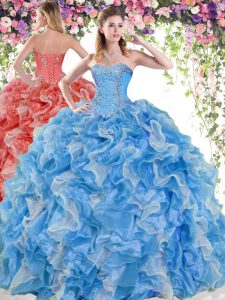 Excellent Blue And White Ball Gowns Organza Sweetheart Sleeveless Beading and Ruffles Floor Length Lace Up Ball Gown Pro