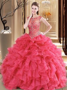 Hot Selling Scoop Sleeveless Lace Up Floor Length Beading and Ruffles 15 Quinceanera Dress