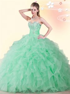 Apple Green Organza Lace Up Quinceanera Gown Sleeveless Floor Length Beading