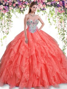 High End Orange Red Lace Up Sweetheart Beading and Ruffles Sweet 16 Dresses Organza Sleeveless