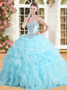 Baby Blue Sweetheart Neckline Appliques and Ruffles and Pick Ups Quinceanera Gowns Sleeveless Lace Up