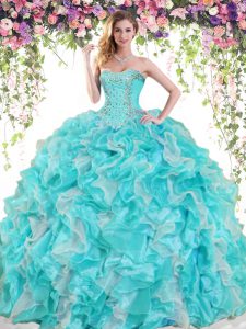 Best Blue And White Sweetheart Lace Up Beading and Ruffles Sweet 16 Quinceanera Dress Sleeveless