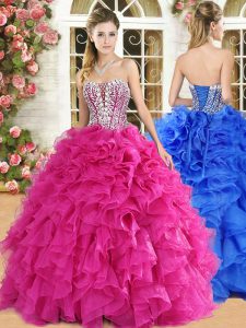 Discount Sleeveless Floor Length Lace and Ruffles Lace Up Sweet 16 Dress with Hot Pink