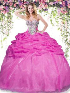 Hot Pink Ball Gowns Organza Sweetheart Sleeveless Beading and Pick Ups Floor Length Lace Up Sweet 16 Dresses