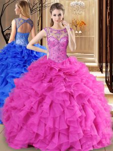 Lovely Scoop Sleeveless Floor Length Beading and Ruffles Lace Up Ball Gown Prom Dress with Hot Pink