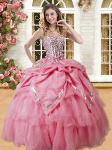 Pick Ups Floor Length Ball Gowns Sleeveless Watermelon Red Quinceanera Dresses Lace Up