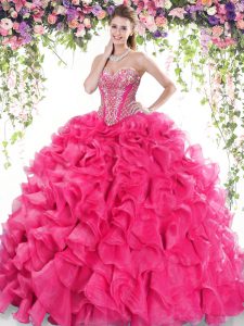 Top Selling Hot Pink Sweetheart Neckline Beading and Ruffles Sweet 16 Dress Sleeveless Lace Up