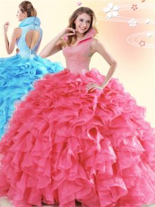 Backless Organza Sleeveless Floor Length Quinceanera Gowns and Beading and Ruffles