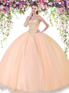 Enchanting Peach Ball Gowns Tulle Sweetheart Sleeveless Beading Floor Length Lace Up Sweet 16 Dresses