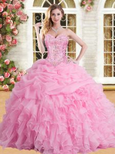 Edgy Rose Pink Sweetheart Neckline Appliques and Ruffles and Pick Ups Sweet 16 Quinceanera Dress Sleeveless Lace Up
