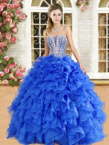 Eye-catching Royal Blue Strapless Lace Up Beading and Ruffles Sweet 16 Dresses Sleeveless