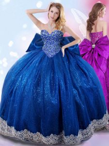 Sweetheart Sleeveless Quinceanera Dresses Floor Length Beading and Lace and Bowknot Royal Blue Taffeta