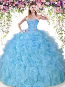 Baby Blue Lace Up Quince Ball Gowns Beading and Ruffles Sleeveless Floor Length