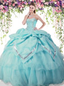 Perfect Pick Ups Aqua Blue Sleeveless Organza and Taffeta Lace Up Quinceanera Gowns for Military Ball and Sweet 16 and Q
