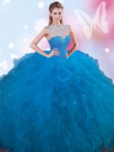 New Arrival Blue Ball Gowns Beading 15 Quinceanera Dress Lace Up Tulle Sleeveless Floor Length