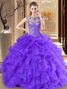 Inexpensive Scoop Sleeveless 15 Quinceanera Dress Floor Length Beading and Ruffles Purple Organza