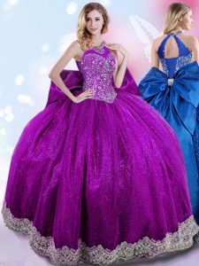 New Arrival Halter Top Sleeveless Taffeta Floor Length Lace Up Quinceanera Gowns in Eggplant Purple with Beading and Bow