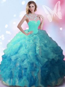 Admirable Multi-color Tulle Zipper High-neck Sleeveless Floor Length 15th Birthday Dress Beading