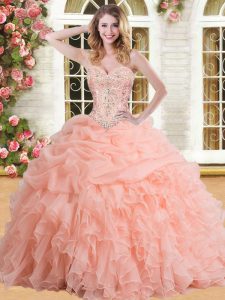 Customized Peach Sweetheart Neckline Beading and Appliques and Ruffles and Pick Ups Vestidos de Quinceanera Sleeveless L