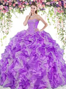 Dramatic White And Purple Lace Up Quinceanera Gown Beading and Ruffles Sleeveless Floor Length