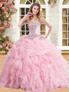 Floor Length Lace Up Sweet 16 Dresses Baby Pink for Military Ball and Sweet 16 and Quinceanera with Appliques and Ruffle