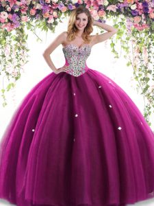 Sleeveless Floor Length Beading Lace Up Quinceanera Dress with Fuchsia