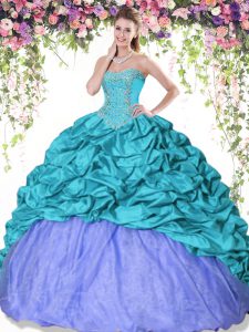 Turquoise and Lavender Taffeta Lace Up Quinceanera Gowns Sleeveless Floor Length Beading and Pick Ups