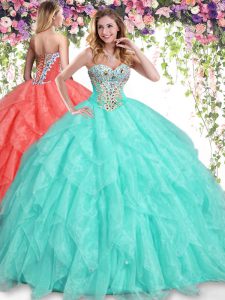 Apple Green Ball Gowns Organza Sweetheart Sleeveless Beading and Ruffles Floor Length Lace Up Sweet 16 Quinceanera Dress