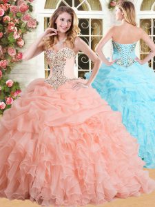 Traditional Peach Ball Gowns Sweetheart Sleeveless Organza Floor Length Lace Up Appliques and Ruffles and Pick Ups Sweet