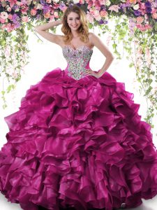 High Quality Fuchsia Lace Up Sweetheart Beading and Ruffles Quinceanera Dress Organza Sleeveless