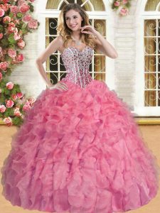 Watermelon Red Sweetheart Neckline Beading and Ruffles Vestidos de Quinceanera Sleeveless Lace Up