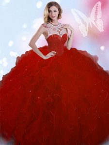 Dazzling Wine Red Ball Gowns Beading Sweet 16 Quinceanera Dress Zipper Tulle Sleeveless Floor Length