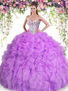 Sweetheart Sleeveless Sweet 16 Dresses Floor Length Beading and Ruffles Lilac Organza