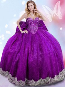 Classical Floor Length Lace Up Sweet 16 Dress Eggplant Purple for Military Ball and Sweet 16 and Quinceanera with Beadin