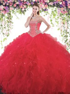 Inexpensive Red Sleeveless Tulle Lace Up Quinceanera Dress for Military Ball and Sweet 16 and Quinceanera