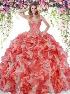 Edgy Sleeveless Floor Length Beading and Ruffles Lace Up 15th Birthday Dress with White And Red