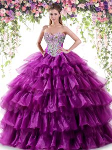 Purple Ball Gowns Sweetheart Sleeveless Organza Floor Length Lace Up Beading and Ruffled Layers Quinceanera Gown