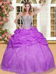 Fantastic Sweetheart Sleeveless Sweet 16 Quinceanera Dress Floor Length Beading and Pick Ups Eggplant Purple Organza