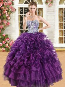 Dazzling Ruffled Sweetheart Sleeveless Lace Up Quinceanera Dresses Purple Organza