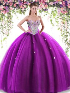 Eggplant Purple Lace Up Sweetheart Beading Sweet 16 Quinceanera Dress Tulle Sleeveless