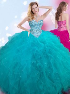 Fashion Sweetheart Sleeveless 15 Quinceanera Dress Floor Length Beading Teal Tulle
