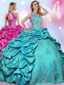 Gorgeous Halter Top Teal Sleeveless Beading and Lace and Appliques and Pick Ups Floor Length Quinceanera Gowns