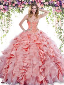 Watermelon Red Ball Gowns Beading and Ruffles 15 Quinceanera Dress Lace Up Organza and Taffeta Sleeveless Floor Length