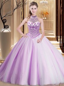 Elegant Halter Top Sleeveless Brush Train Lace Up 15 Quinceanera Dress Lilac Tulle