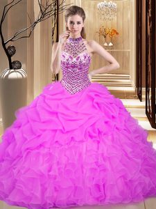 Pick Ups Ball Gowns Vestidos de Quinceanera Lilac Halter Top Organza Sleeveless Floor Length Lace Up
